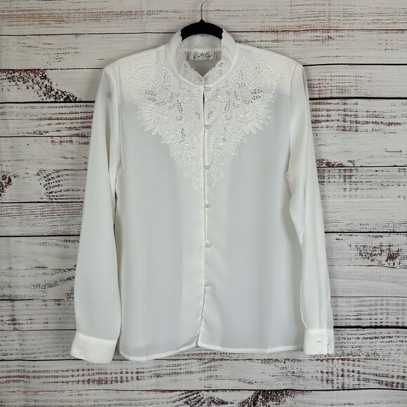Womens Kathy Che White Victorian Romantic Pearl Button High Neck Satin Blouse 8 - Picture 3 of 7